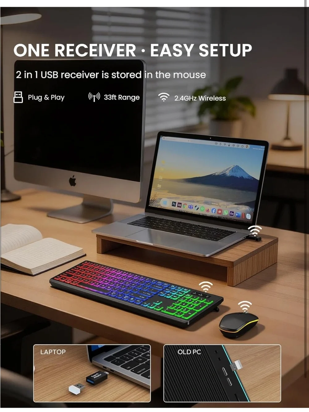 RGB Backlit Wireless Keyboard and Mouse Set - Multicolor Backlit